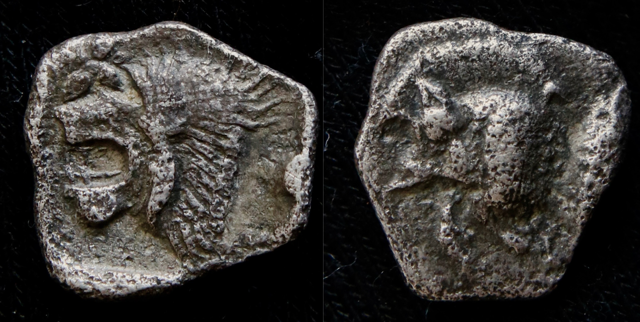 Magna Graecia – Mysien, Kyzikos, hemiobol, Löwe und Wildschwein.png