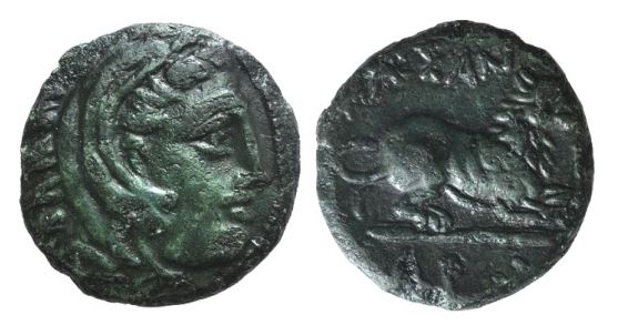 Makedon Kassander 316-297 BCE AE15 Herakles Lion reclining SNG Cop 1140.JPG