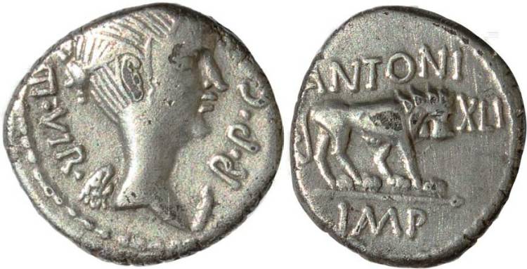 Marc Antony Fulvia Quinarius Cerberus VCoins 2011.jpg
