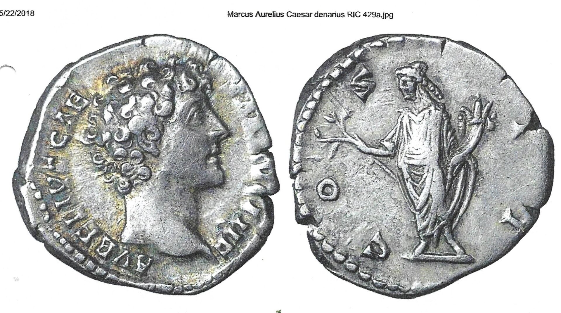 Marcus Aurelius Caesar denarius, RIC III A429a (enlarged image).jpg