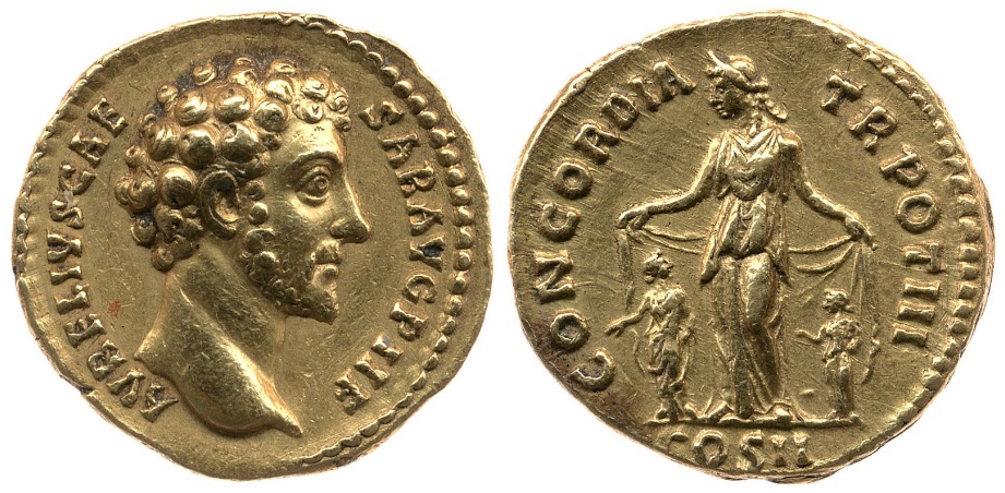 Marcus Aurelius CONCORDIA TR POT III Aureus BMC.jpg