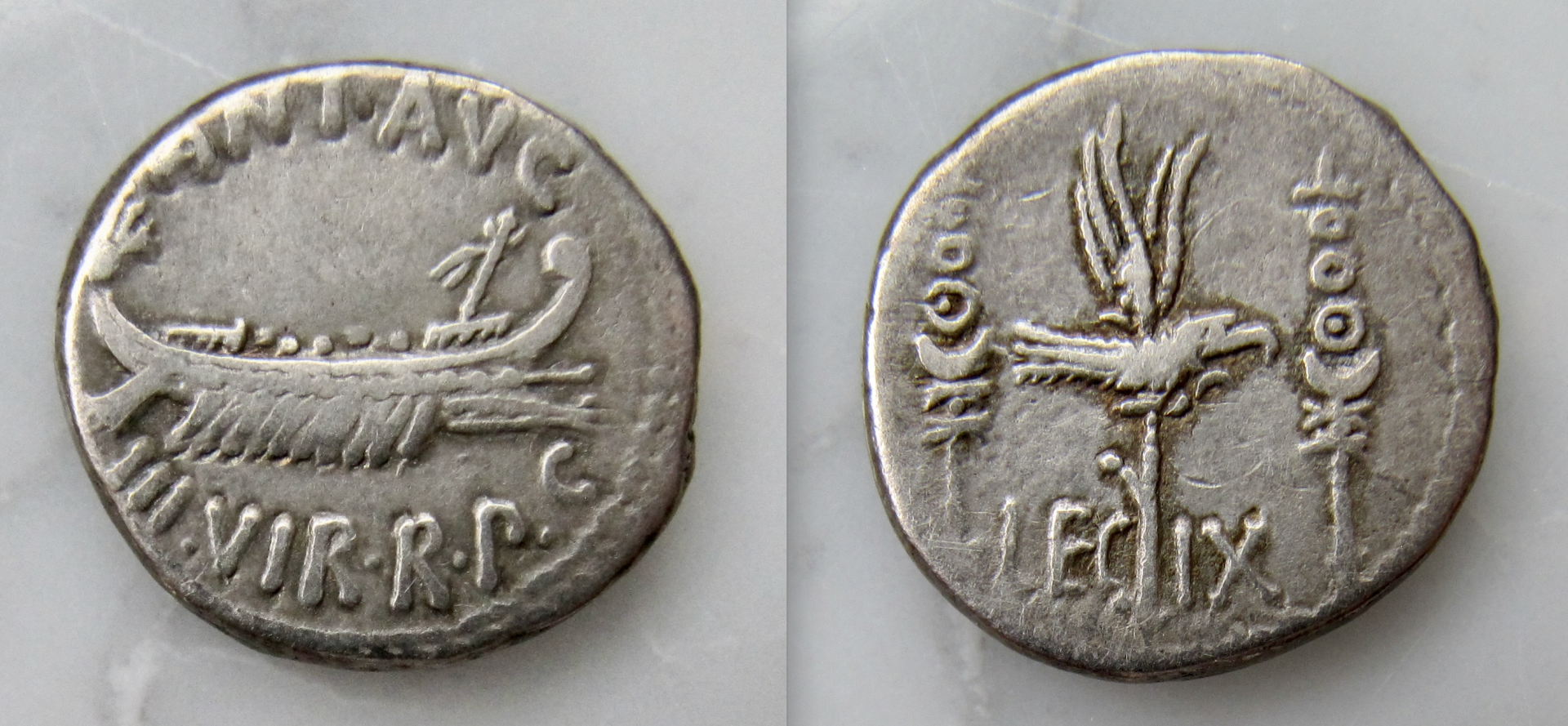 Mark Anthony Marcus Antonius Legionary denarius LEG IX- OBV:REV - VGP - 2023.png