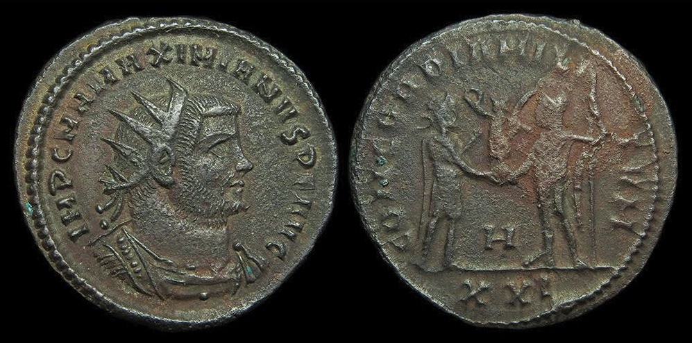 Maximianus antoninianus Antioch 292-295 CE CONCORDIA MILITVM Jupiter Obv-Rev.JPG