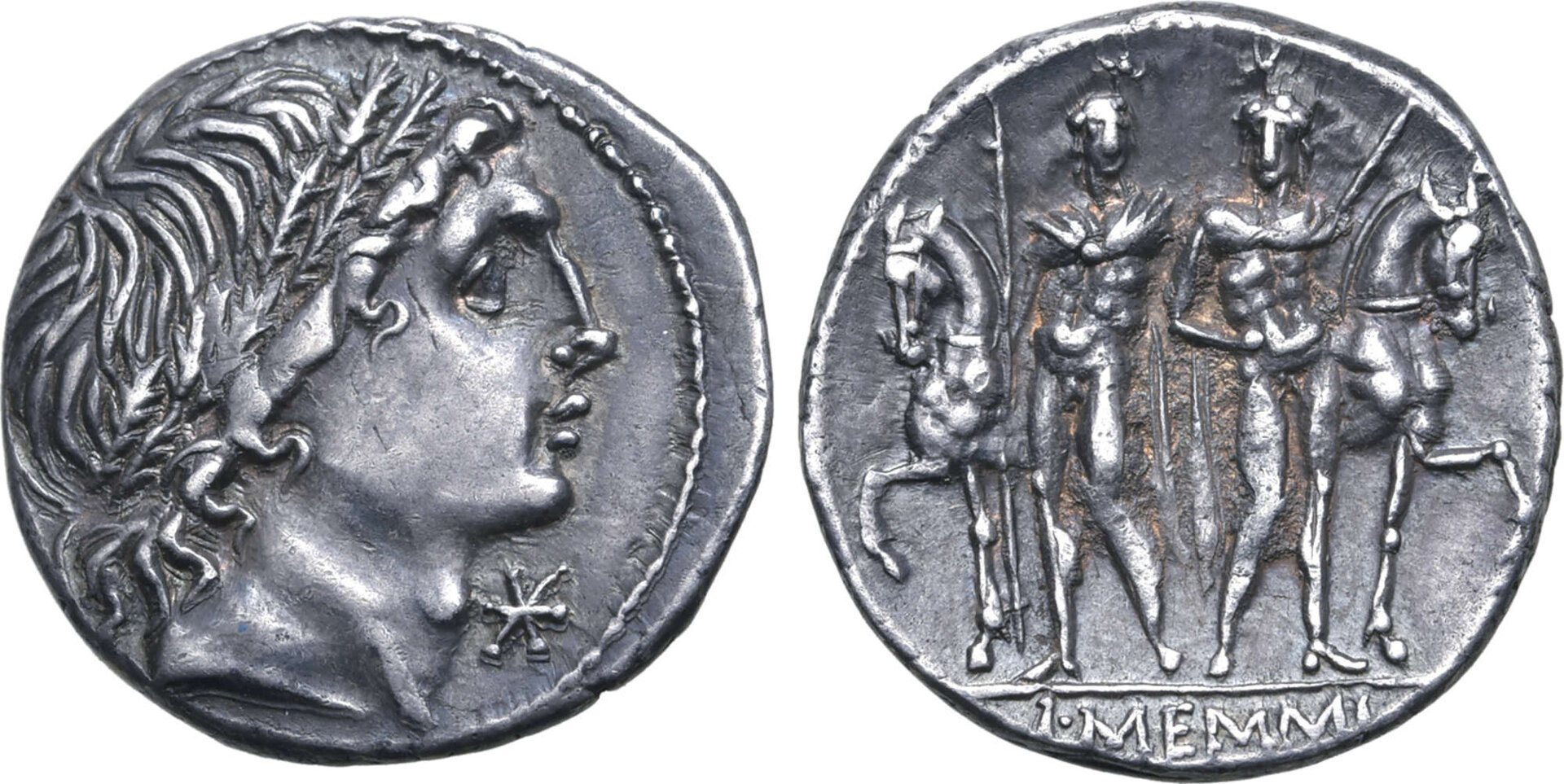 Memmius denarius (Apollo-Diocsuri with horses) (Roma 1.6.21).jpg