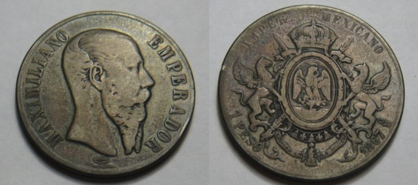 Mexican Empire - Maximillian I 1867 AR 1 Peso - last year of his Reign.jpg
