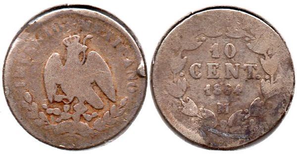 Mexico - 10 Centavos - 1864 M - KM #386.1 - 2.7073g, 0.9030ag, 0.0786oz.JPG