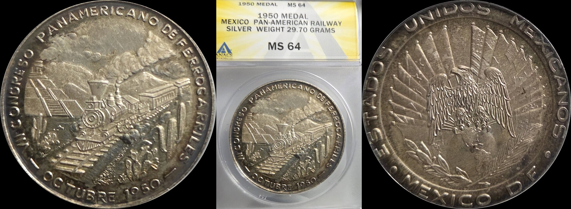 Mexico 1950 Medal Pan-American Railway ANACS MS-64.jpg