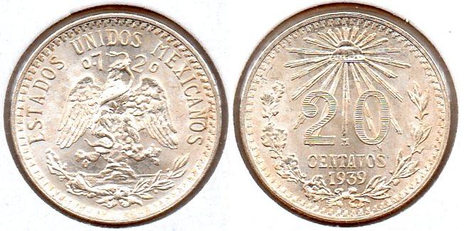 Mexico - 20 Centavos - 1939 Mo - KM #438 - 3.3333g, .7200ag, .0772oz, 19mm.JPG
