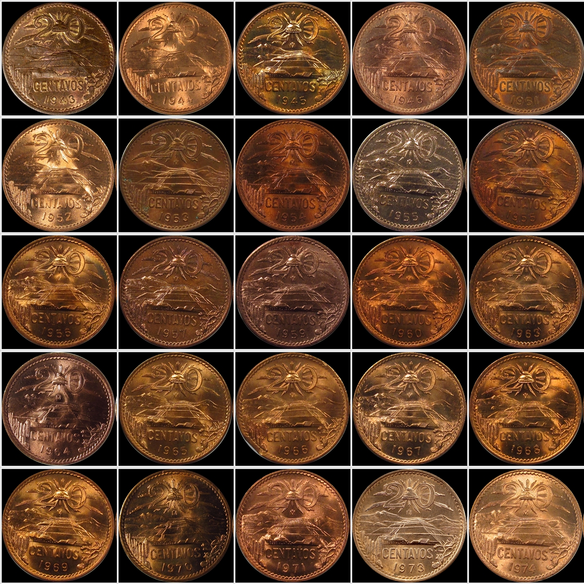 Mexico 20 Centavos 1943-1974 Type Set.jpg