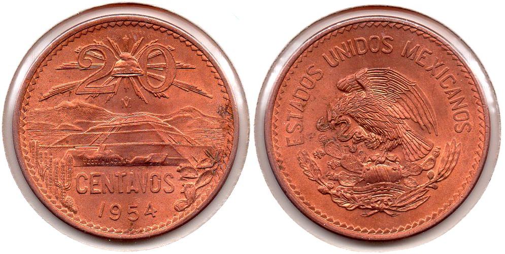 Mexico - 20 Centavos - 1954 Mo - KM #439 - Bronze, 10g, 28.5mm.JPG