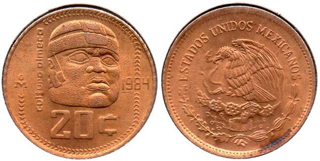 Mexico - 20 Centavos - 1984 Mo - KM #491 - Bronze, 20mm.JPG
