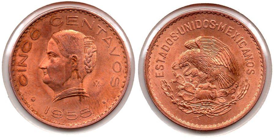 Mexico - 5 Centavos - 1955 Mo - KM #424 - Bronze, 6.5g, 25.5mm.JPG