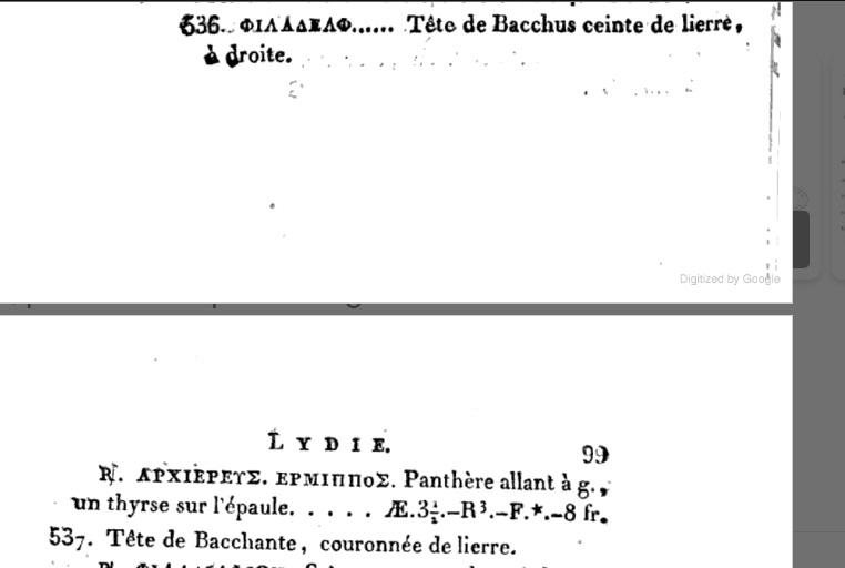 Mionnet IV (1809) pp. 98-99 No. 536 - Dionysos-Panther, Lydia, Philadelphia.jpg