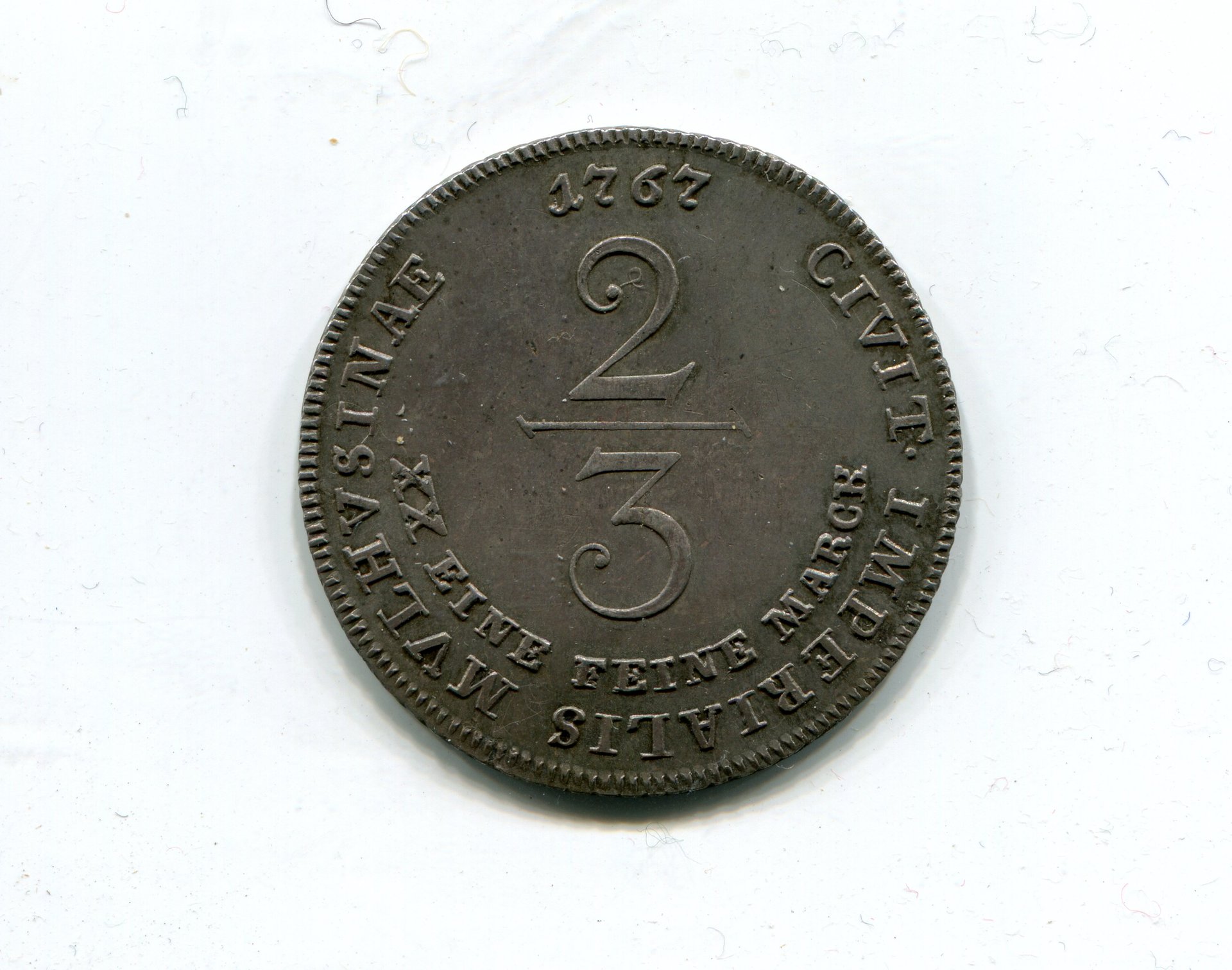Muhlhausen in ThurTwo thirds Taler 1767 LD rev 974.jpg