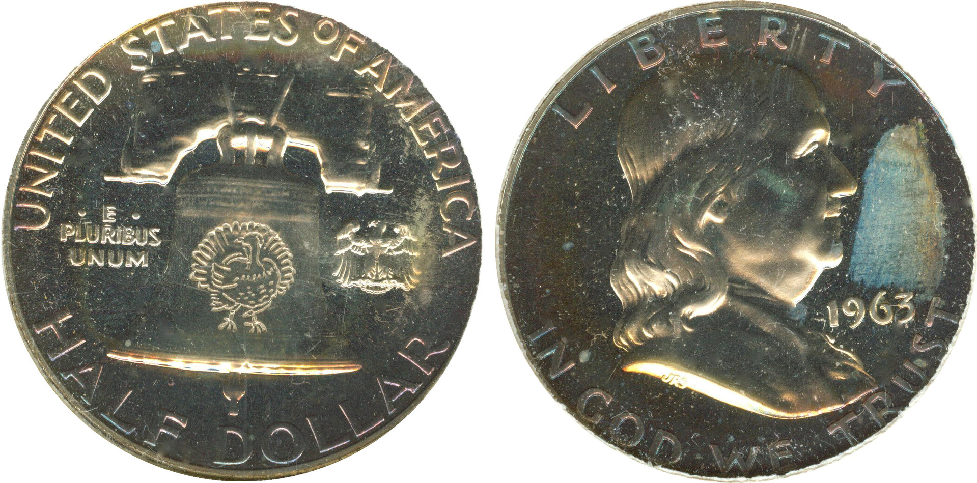 MW2 Turkey Half Dollar (Thanksgiving 1976) on 1961 Franklin Proof Coin.jpg