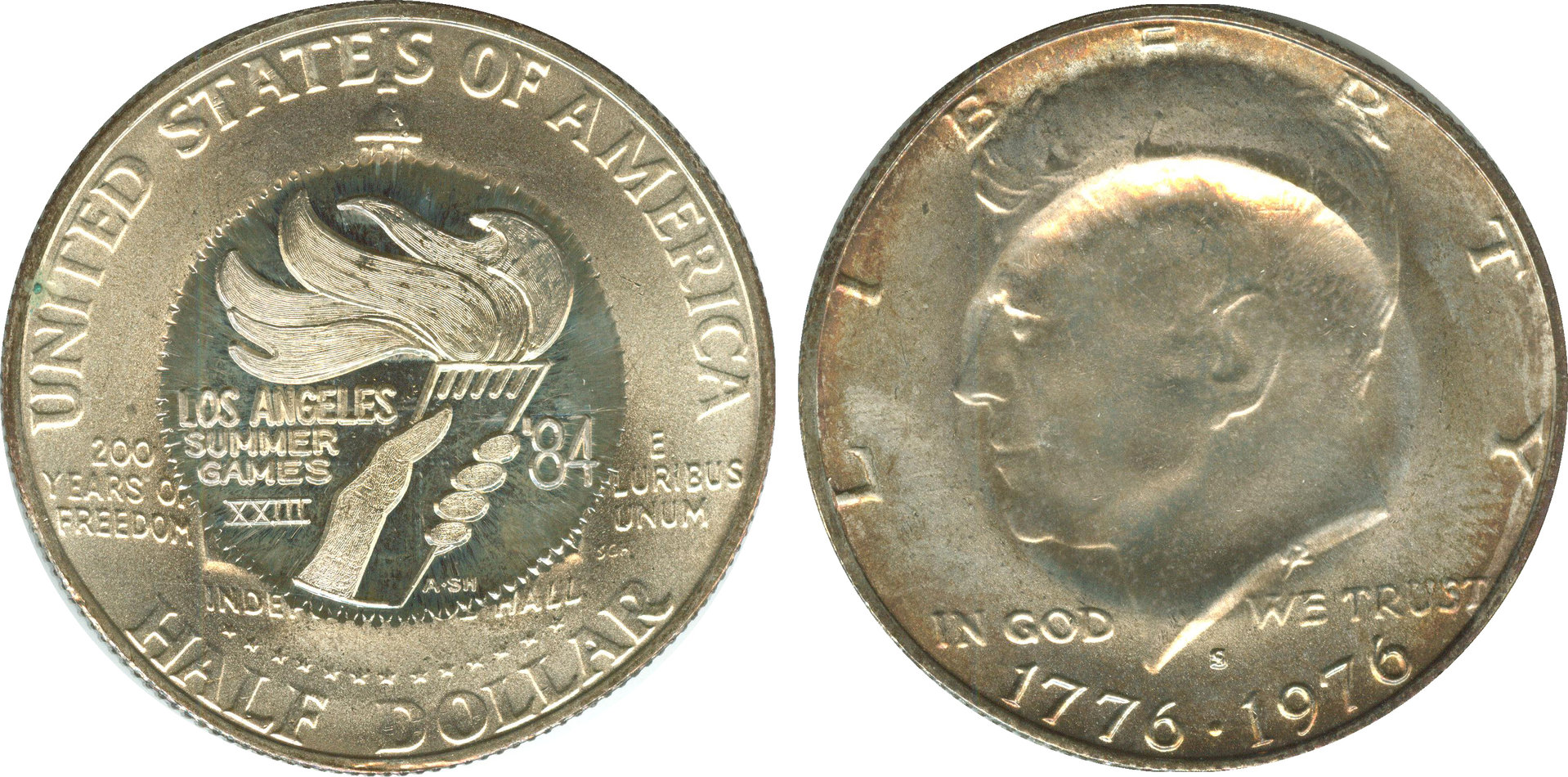 MW20 LOS ANGELES SUMMER GAMES XXIII ‘84 Olympic Flame on 1976-S Kennedy Coin.jpg