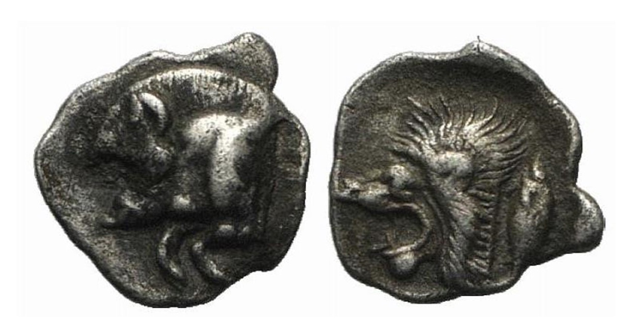 Mysia, Kyzikos, 450 - 400 BC, Silver Hemiobol, Boar & Lion - cropped.jpg