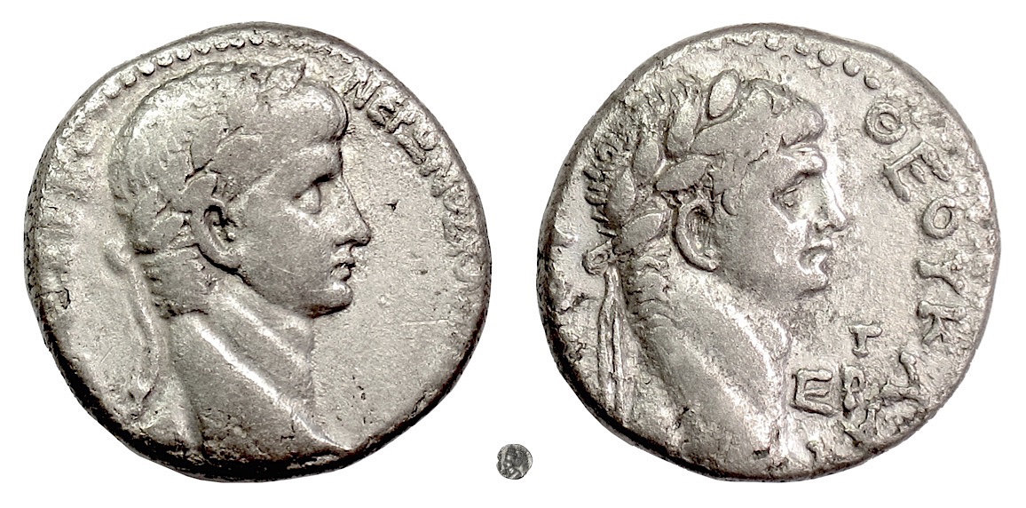Nero & Divus Claudius - AR Tetradrachm - ANtioch - Yr 3, F+, 24-25mm, 14.51g RPC I 4174.jpg