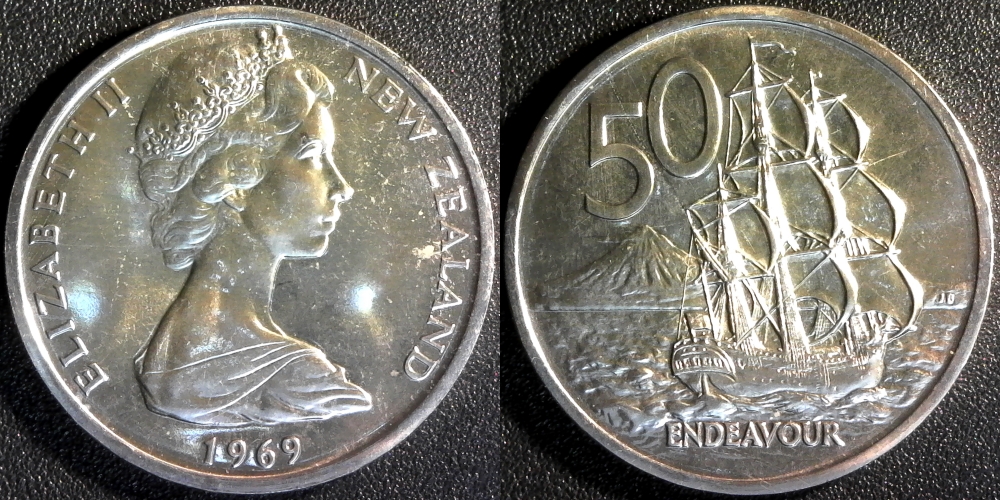New Zealand 50 Cents H.M.S. Endeavour 1969 obv-side.jpg