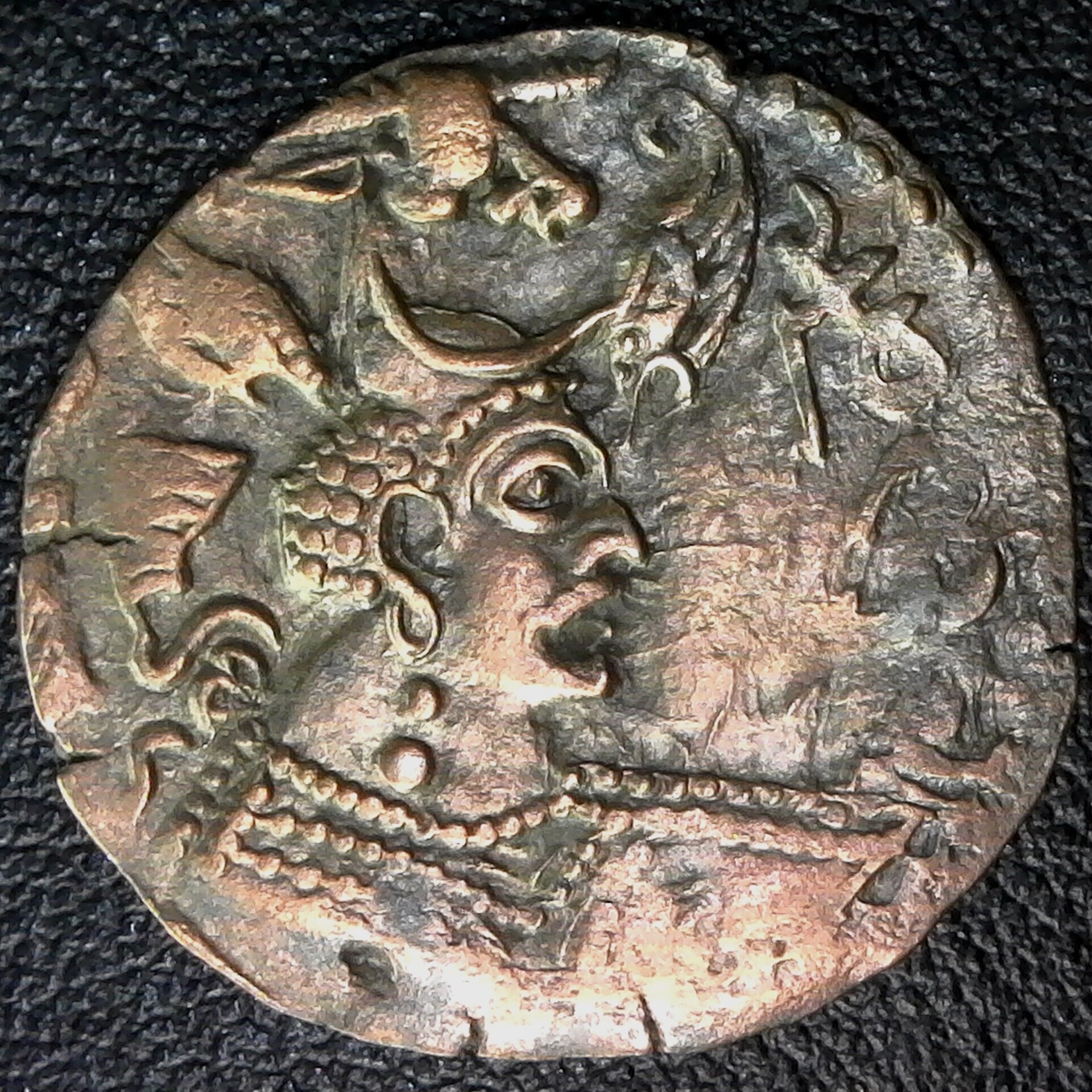 Nezak Huns, Æ Drachm, winged buffalo crown c. 550-600AD. Gobl Em.198 Circa 550-600AD obv.jpg