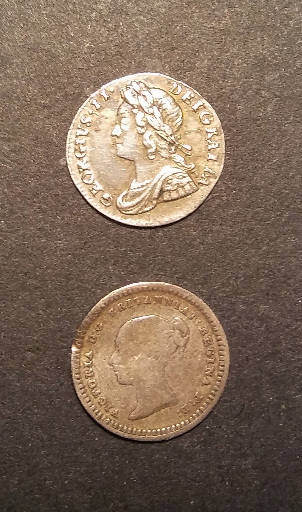 Obv. Geo. II 1729 Maundy Penny & 1838 Victoria Three-Halfpence.jpg