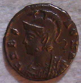 Obv - VRBS ROMA Obv - Roma, helmeted , wearing imperial cloak  Rev She Wolf, Romulus Remus.jpg