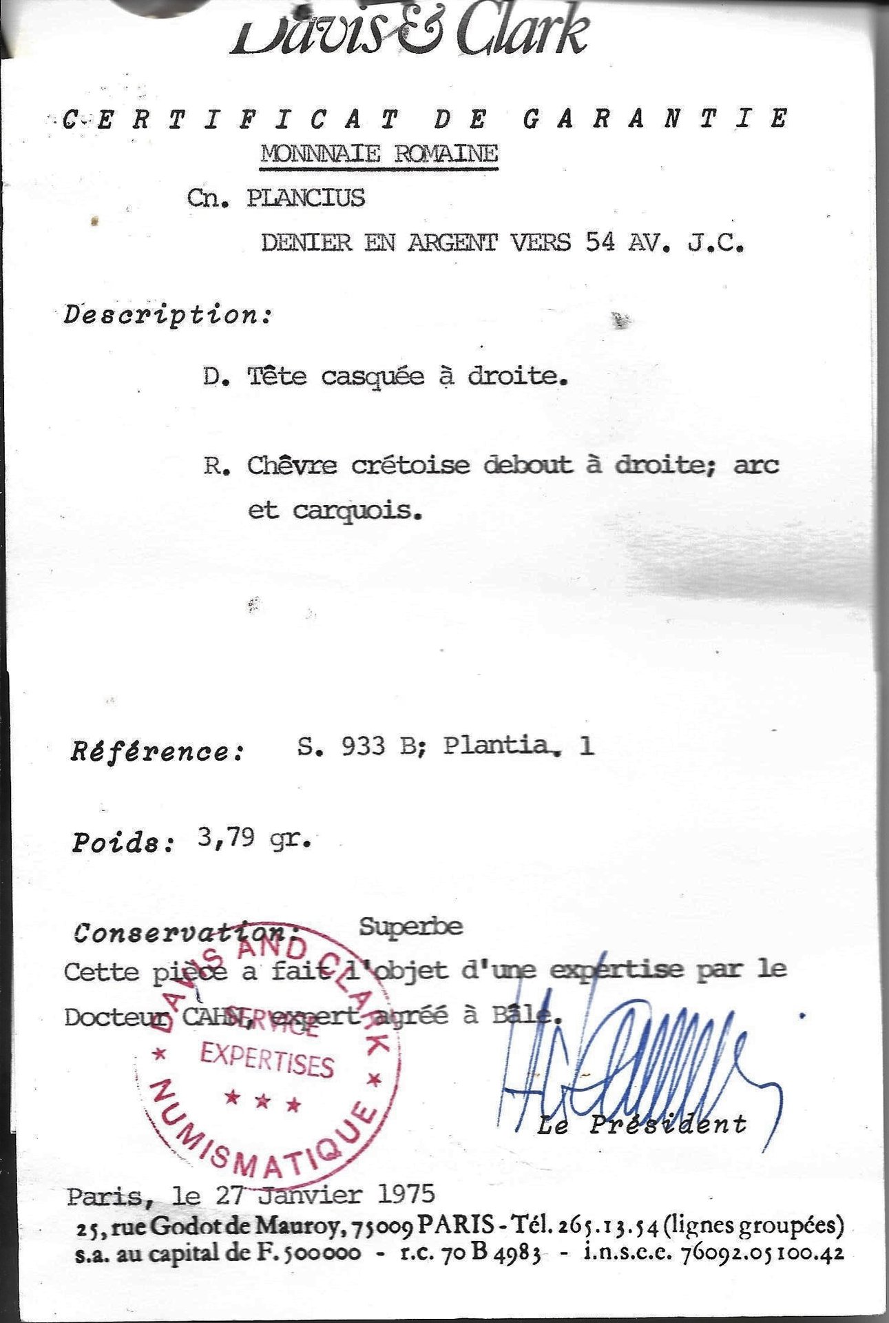 p. 2 Head of Macedonia-Cretan goat den. - Jan 1975 Davis & Clark, Paris certificat do garantie.jpg