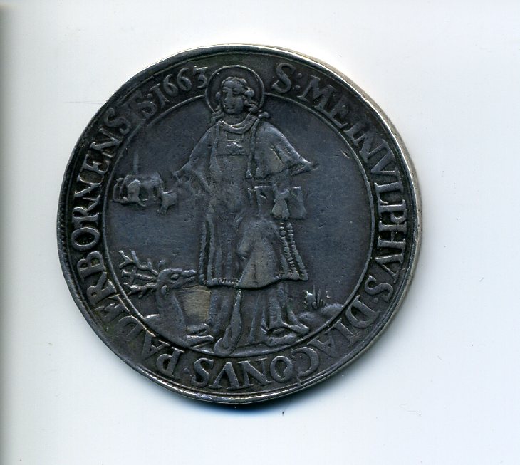 Paderborn Ferd II v Furst Taler 1663 w St Meinolf rev 861.jpg