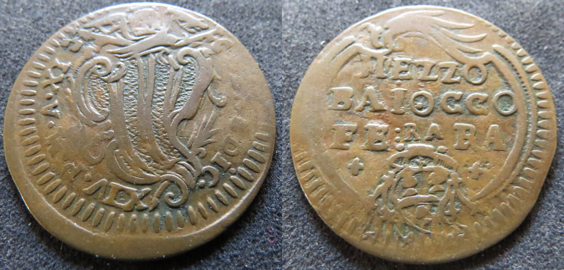 Papal States Ferrara 1:2 Baiocco Benedict XIV year 11 1751.jpg