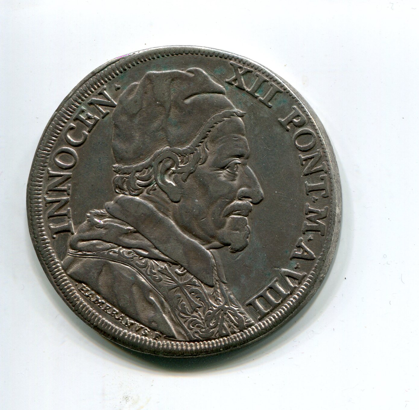 Papal States Innocent XII Piastre an VIII 1699 with Anzio port obv 847.jpg