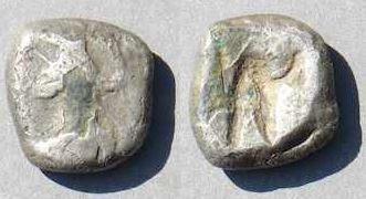 Persia Achaemenid Empire 4th C BCE FOURREE 15mm Siglos Persian hero-king in running incuse.JPG