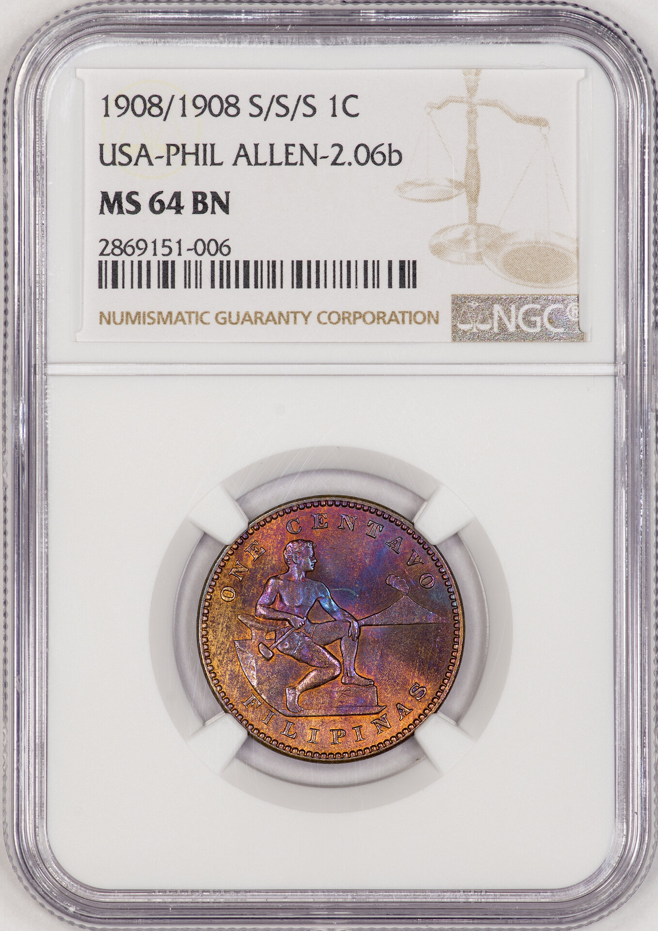 Philippines - 1908 S 1 Centavo NGC MS64BN Slab - Obverse.jpg