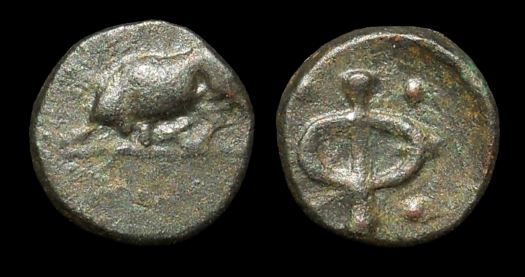 Phlius Phliasia Peloponnesus AE12 1.8g 400-350 BCE Bull butting - PHI 4 pellets BMC 16.JPG
