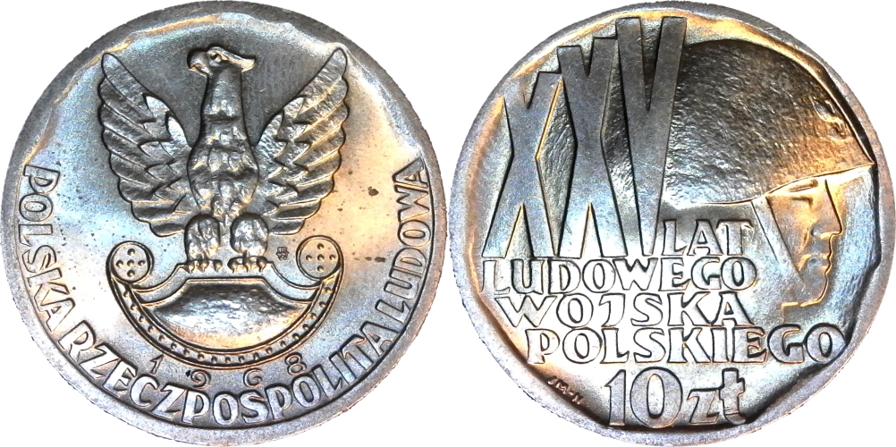 Poland 10 Zlotych 25th Anniversary - Peoples Army 1968 obv-cutout-side.jpg
