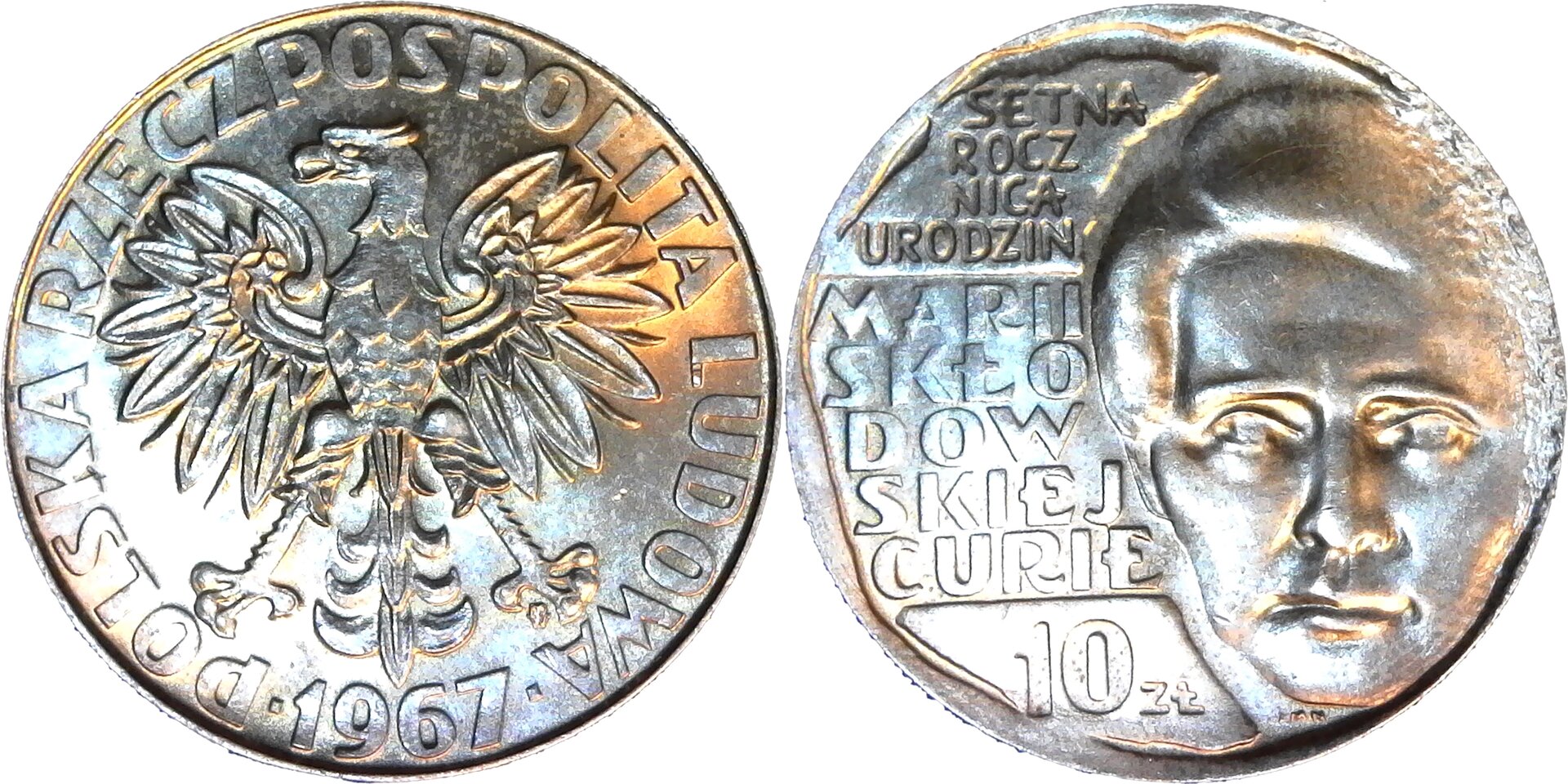 Poland 10 Zlotych Centennial - Birth of Marie Curie 1967 obv-cutout-side.jpg