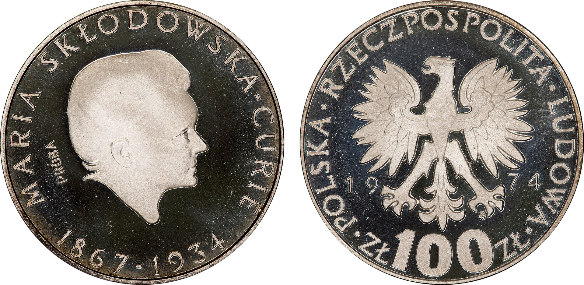 Poland - 1974 Proba Proof 100 Zlotych (Maria Skeodowska Curie - Pr244).jpg