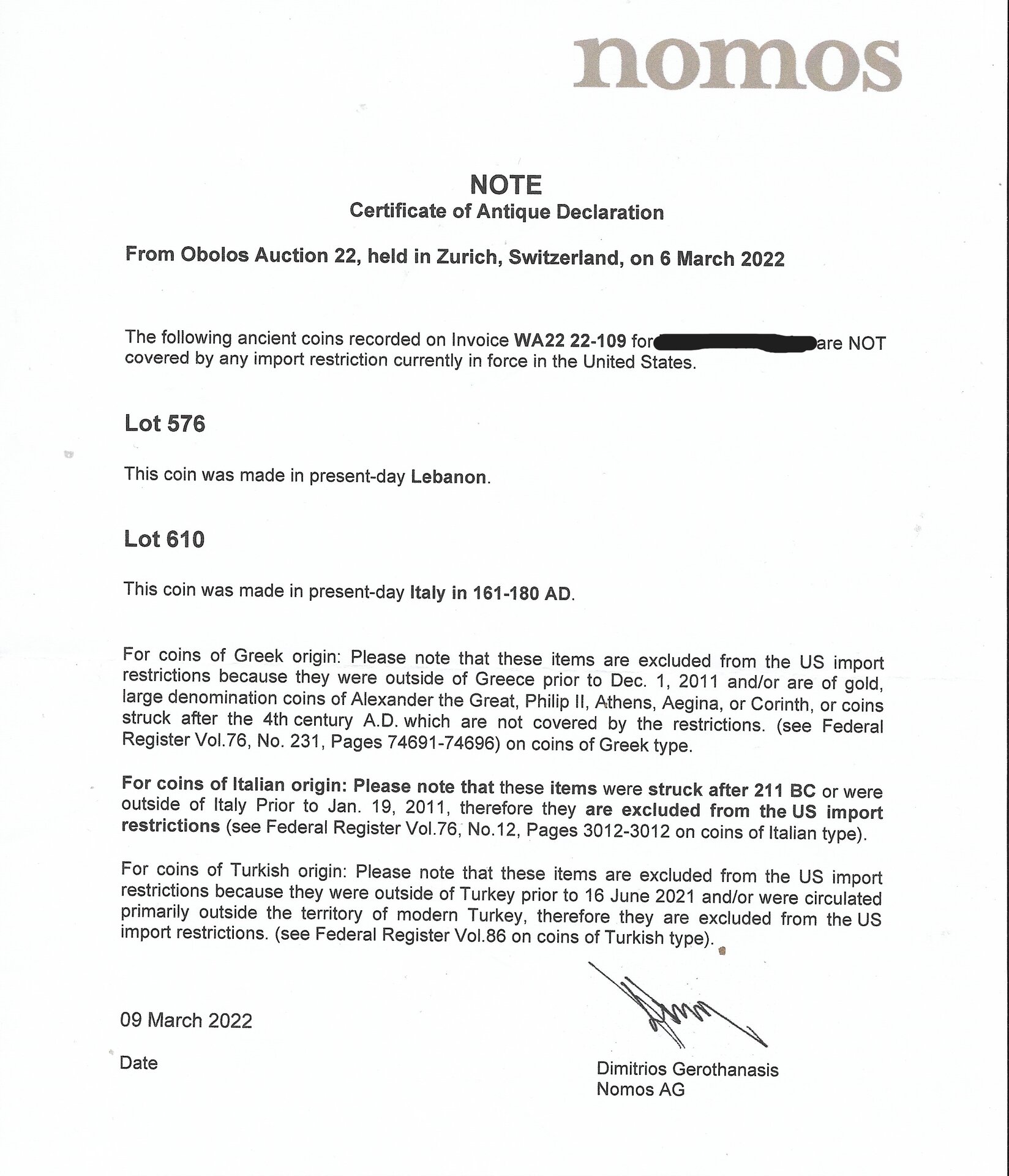 Redacted Nomos Obolos Certificate of Antique Declaration March 2022.jpeg