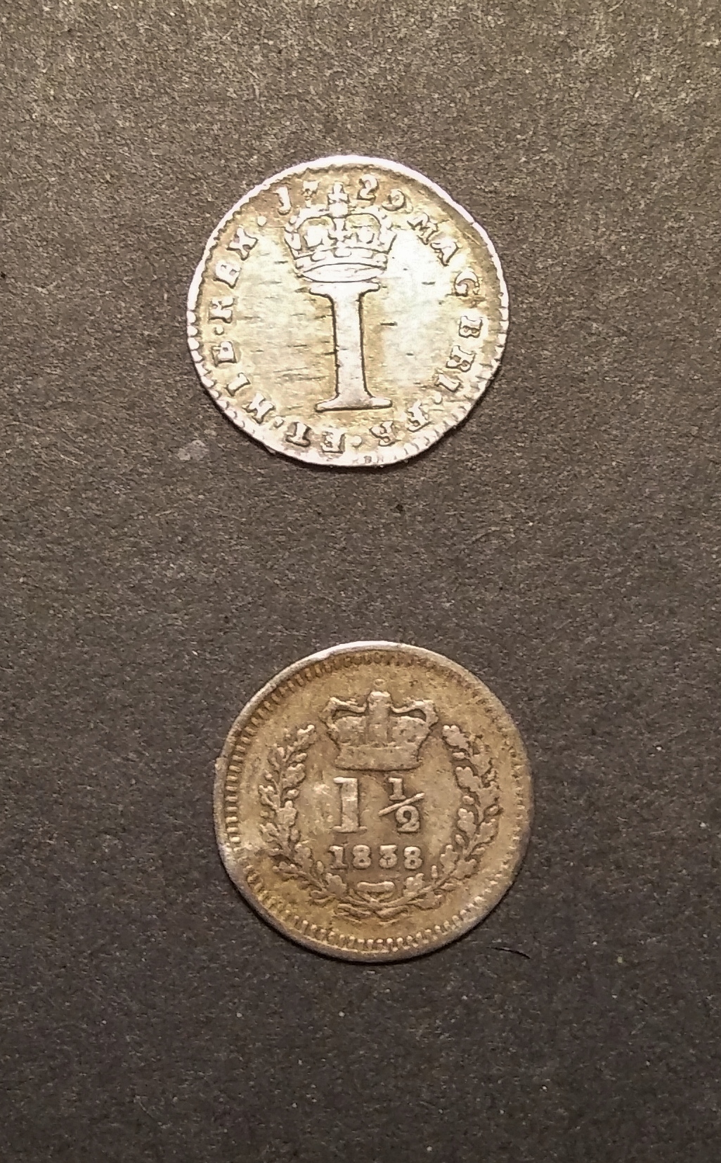 Rev. Geo. II 1729 Maundy Penny & 1838 Victoria Three-Halfpence.jpg