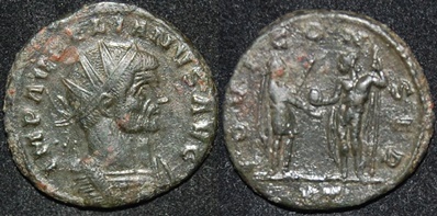 RI Aurelian 270-275 CE AE Ant receiving Globe from Jupiter.jpg