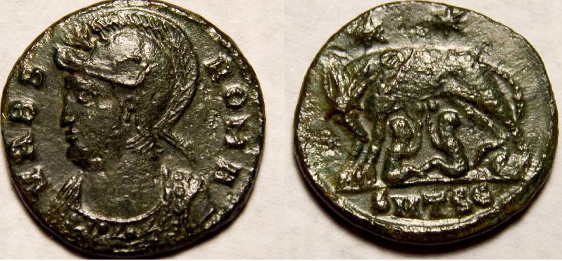 RI Commem Urbs Roma AE Follis Thessalonika 330-333 CE She-Wolf Rom-Rem stars S 16516R.JPG