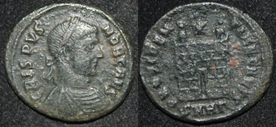 RI Crispus 317-326 CE AE Folles Caesar in Trier Campgate - Heraclea mint.jpg