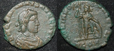 RI Gratian 367-383 CE AE 17mm Reduced Folles Emp Stdg w Shield and XP banner labarum Obv-Rev.jpg