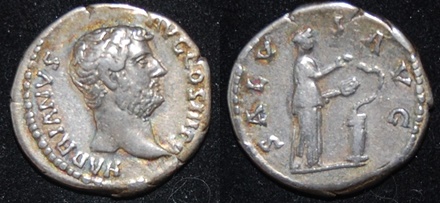 RI Hadrian 117-138 AR Denarius Salus stdg feeding Snake.jpg