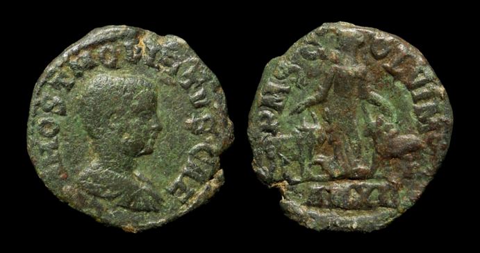 RI Hostillian AE 27 - 251 CE Viminacium mint Bare head-Moesia bull-lion Obv-Rev  Moushmov 54.JPG