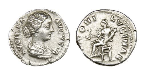 RI Lucilla AR denarius Juno seated  flower child in swaddling clothes Seaby 36.JPG