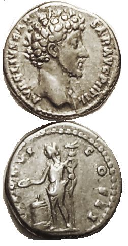 RI MARCUS AURELIUS AR Den as Caesar TR POT VI COS II - Genius stg at altar hldg standard VF.JPG