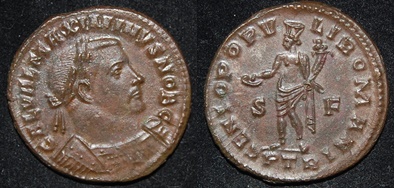 RI Maximinus II Daia 305-308 CE Folles AE30 Trier mint GENIO POPV-LI Genius-Serapis stndg.jpg