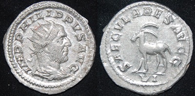 RI Philip I 244-249 CE AR Ant radiate zoo Antelope 1000 yr anniv Rome.jpg