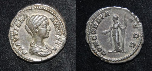 RI Plautilla 202-205 CE m CaracallaAR Denarius 3.7g Concordia patera scepter RIC 363.jpg
