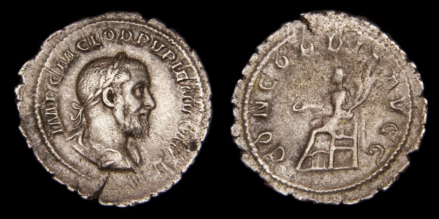 RI Pupienus AR denarius bust r Concordia throne patera dbl cornucopiae Seaby 6.JPG